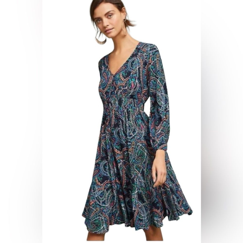 Anthropologie Maeve Women's Paisley V-Neck Midi Dress Size S Blue Boho Chic